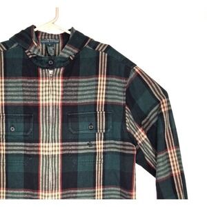 Lauren Ralph Lauren Flannel Shacket Womens Large Green Plaid Hood Full Zip Work